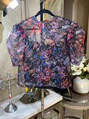 Anthropologie Sheer Floral Puff-Sleeve Blouse in Black with Multicolor Flowers